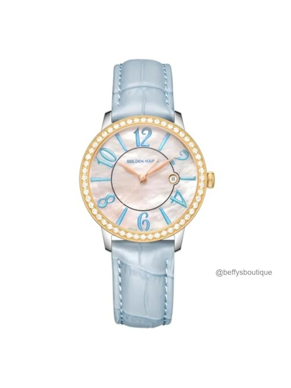 Swiss Quartz Watch with Diamond Bezel, Genuine Leather Strap, Elegant Women's